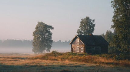 Obraz premium Serene Wooden House Surrounded by Misty Landscape at Dawn