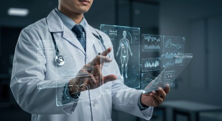 Doctor Interacting with Futuristic Medical Hologram Display.