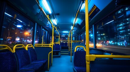  Empty city bus interior at night with blue LED lighting, urban public transportation view through windows showing blurred city lights, modern commuter vehicle with yellow poles and blue seats