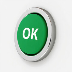 Green ok button with chrome bezel on a white background