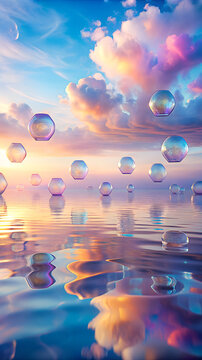 Dreamy pastel sky with fluffy clouds reflected in calm water with floating transparent spheres creating a surreal and magical atmosphere