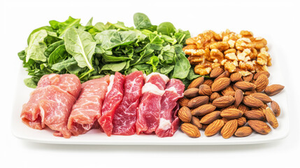 A low-carb food arrangement with lean proteins, leafy greens, and nuts.