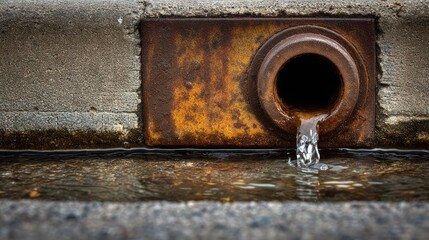 Water flowing from rusty drain pipe into stone trough
