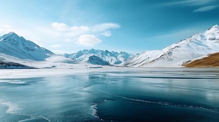 Frozen expanse of winter with snow-capped mountains mirroring clear blue sky
