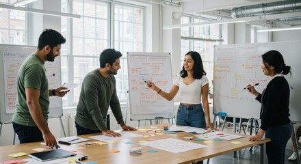 Team brainstorming ideas on whiteboards and table in office.