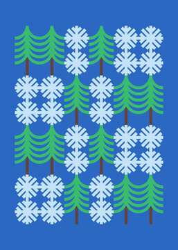 Postcard design with geometric spruces and snowflakes
