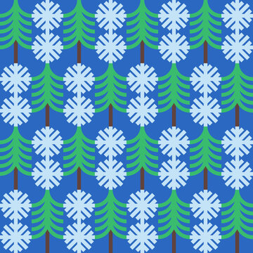 Seamless pattern with geometric spruces and snowflakes
