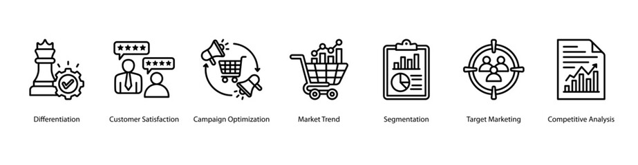 Customer Experience Optimization web banner icon vector illustration featuring Differentiation, Customer Satisfaction, Market Trend, Segmentation, Target Marketing, and Competitive Analysis.