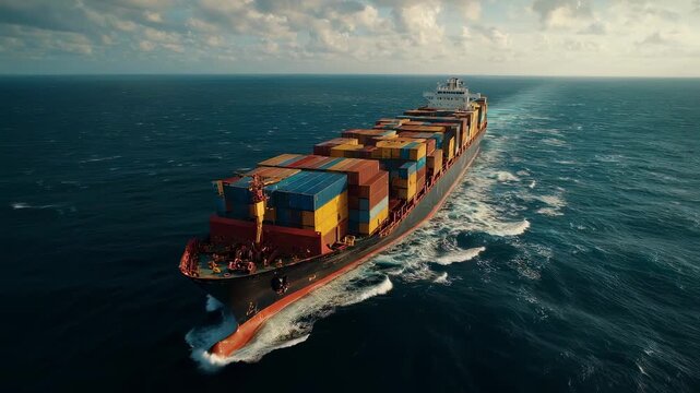 A cargo ship loaded with containers labeled with various investment strategies navigating a turbulent sea where calm waters ahead signify a successful return on investment forecast.