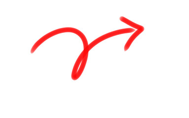 Red curved arrow, Hand drawn arrow marker. Down curved Arrow pointer highlighter doodle drawing marker. Red arrow sign isolated on transparent png