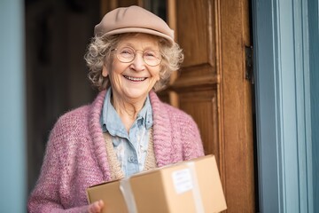 Joyful senior woman receiving package at door, conveying warmth and connection