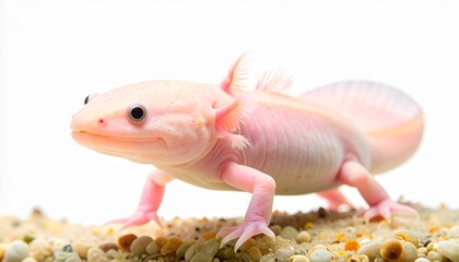 Obraz premium Detailed Close Up Albino Axolotl Walking on Fine Sand Amphibian