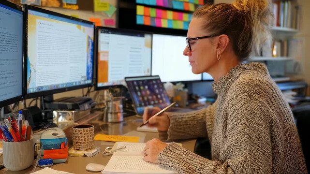 Concentrated grant writer carefully editing proposal drafts and crossreferencing impact goals with funder requirements at a cluttered desk with multiple screens.