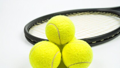 Bright Yellow Tennis Ball Stack with Racket on White Background Sport Stilllife