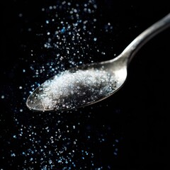 Sugar crystals falling from a spoon against a black background, food photography for recipe blogs