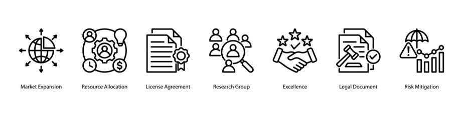 Strategic Growth web banner icon vector illustration featuring Market Expansion, Resource Allocation, License Agreement, Research Group, Excellence, Legal Document, and Risk Mitigation.