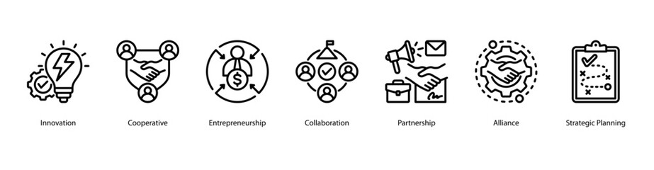 Entrepreneurial Collaboration web banner icon vector illustration featuring Innovation, Cooperative, Entrepreneurship, Collaboration, Partnership, Alliance, and Strategic Planning.