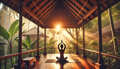 A serene image of a woman practicing yoga in a traditional open-air pavilion at sunrise