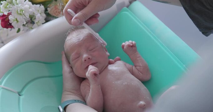 New Born Babies First Bath Combing Hair