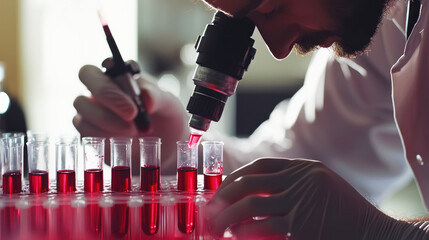 A scientist analyzing blood samples under a microscope.