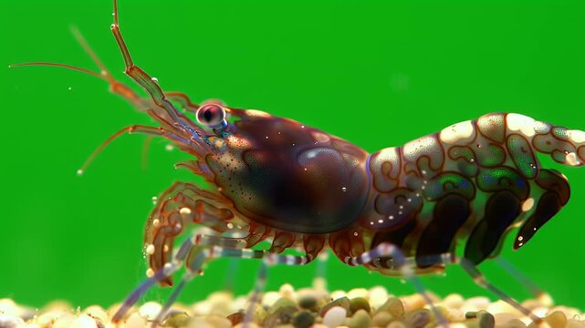 Vibrant Freshwater Crayfish with Intricate Patterns on Gravel Against a Green Background