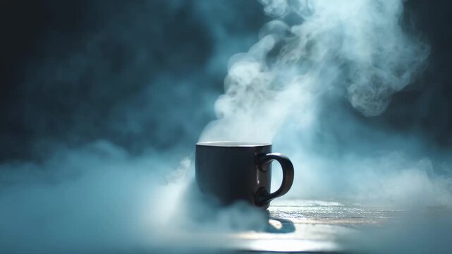 Dark, moody video featuring a steaming dark mug on a wooden surface, surrounded by swirling blue tinged smoke. Low key lighting creates an atmospheric scene.