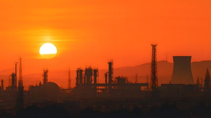 Industrial refinery at sunset with steel structures against a dramatic orange sky.