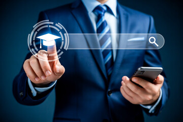Businessman Searching for Online Education Opportunities.A businessman in a suit uses a virtual search bar with a graduation cap icon, symbolizing online learning, education, and career growth.

