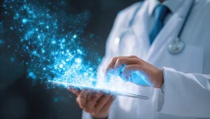 Doctor using tablet with glowing network graphic