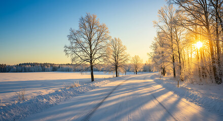 Snow-covered winter road on a bright sunny day &mdash; scenic travel destination landscape
