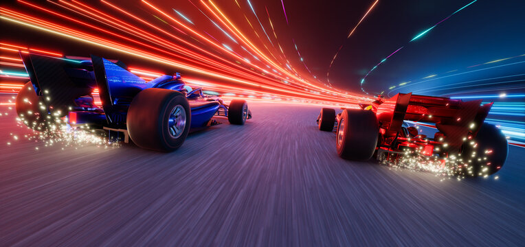 3d rendering racing cars speeding on futuristic track with light trails at night