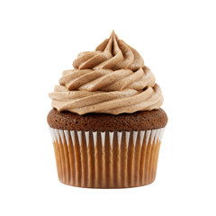 Chocolate Cupcake with Chocolate Frosting on White Wrapper Isolated on Transparent