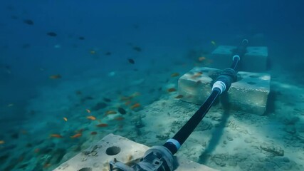 Close-up of machine deploying submarine internet cable along ocean floor, demonstrating precision engineering in undersea communication network installation.