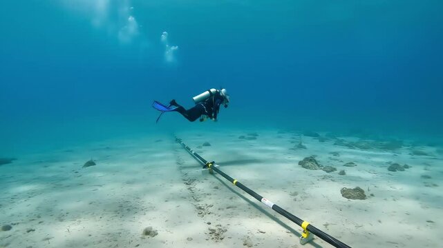 Underwater diver inspecting submarine internet cable installation on seabed, showcasing deep-sea engineering, technology infrastructure, and global data network connectivity beneath the ocean surface.