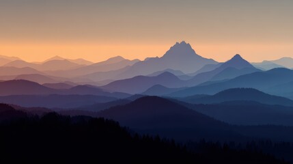 Sunset mountain range panorama, hazy layers, distant peak, forest foreground, nature wallpaper