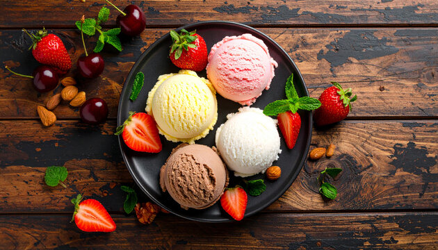 Assorted Ice Cream Scoops with Fresh Berries and Nuts on Rustic Wooden Background. Food Advertisement Concept