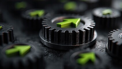 Close-up of gears with upward-pointing arrows