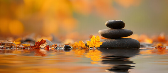 Tranquil stacked stones with autumn leaves on water surface reflecting warm orange and golden hues creating a serene work life balance atmosphere