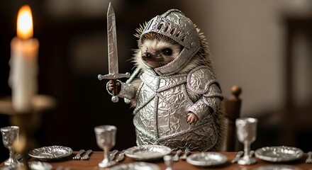Obraz premium Adorable hedgehog knight in shining armor holding a sword standing at a formal dinner table with a candle
