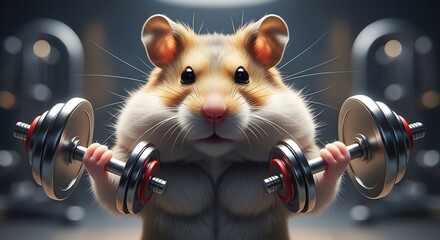 Muscular hamster lifting dumbbells in a gym showing off biceps and strength training for fitness