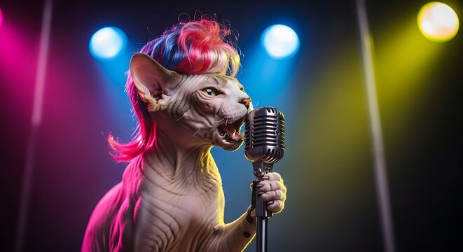 A stylized sphynx cat with a vibrant mohawk hairstyle sings passionately into a vintage microphone on a brightly lit stage