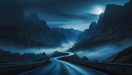 Winding road through a misty mountain valley at night under a full moon.