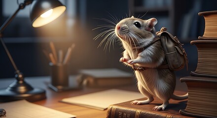 A curious chipmunk wearing a small backpack stands on a stack of old books illuminated by a desk lamp in a dimly lit room