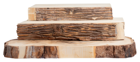 Gradient podium with bark wood slabs publication lumber plant.