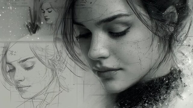 Timelapse effect of an artists workflow from pencil sketches to finalized digital artwork highlighting blend of traditional drawing and digital enhancement techniques.