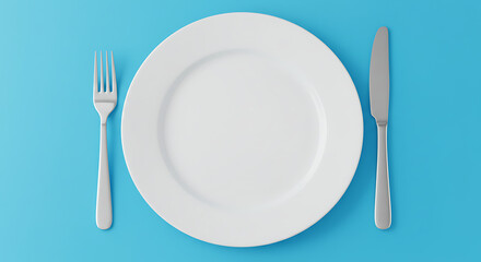 Clean empty white plate with knife and fork on blue background, minimal dining table setting