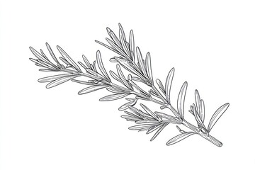 Detailed line art of a rosemary sprig with numerous slender leaves branching from the stem
