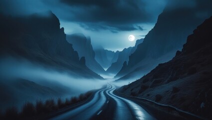 Winding road through a misty mountain pass under a full moon.