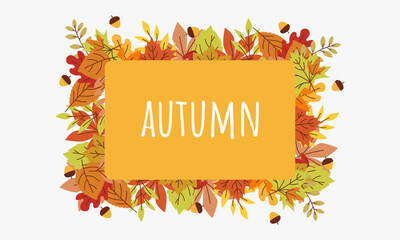 Colorful aesthetic autumn background with vibrant fall leaves and acorns
