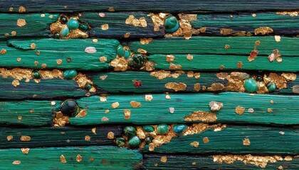 Textured wall of teal and dark-green planks, adorned with gold leaf and embedded gems